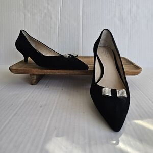 Coach Black Suede Kitten Heel Pumps with Rhinestone Bow